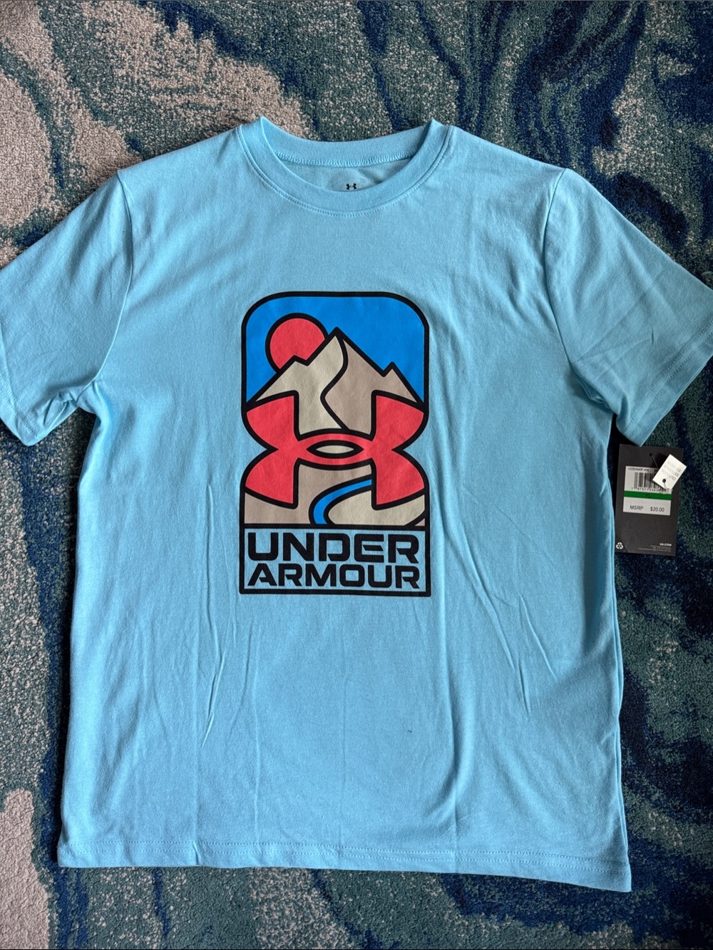 NWT Under Armour Light Blue Short-Sleeve Graphic Logo Tee Boys Large